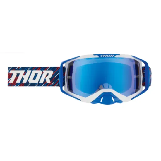 Мотокрос очила THOR ACTIVATE с бяло-синя рамка, ярко синя огледална леща и червено-синя каишка с надпис THOR