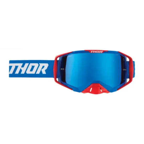 THOR ACTIVATE FLITE мотокрос очила с червена рамка, сини огледални лещи и бяло-синя каишка с THOR лого