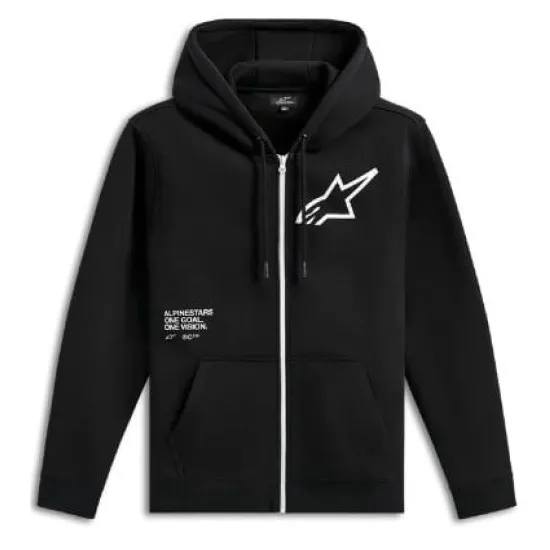 Черен мото суитшърт Alpinestars Transverse с бяло звездно лого на гърдите, качулка и цип затваряне по цялата дължина