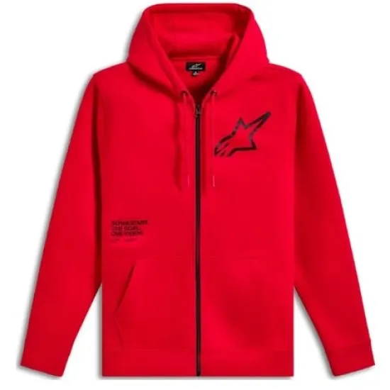 Червен суитшърт ALPINESTARS TRANSVERSE с черно лого Astars на гърдите, пълен черен цип отпред и качулка