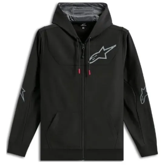 Черен мото суитшърт Alpinestars с качулка, пълен цип отпред, сива подплата на качулката, лого звезда на гърдите и ципове на ръкавите