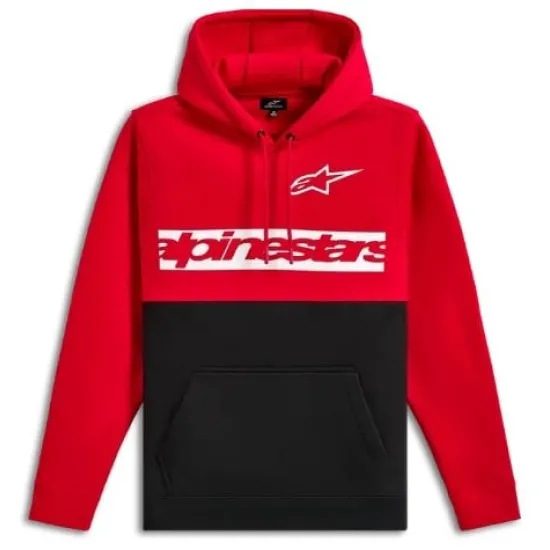 Червен и черен мото суитшърт Alpinestars с бяло лого на гърдите, качулка с шнурове и голям предеп джоб
