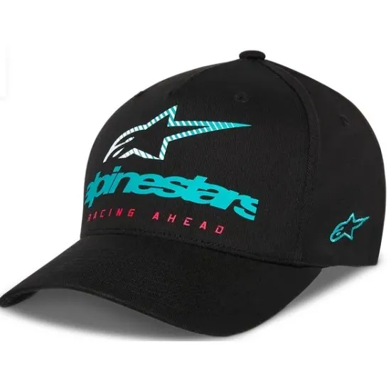Черна шапка Alpinestars CRV Bill Instinct с тюркоазено лого и надпис Racing Ahead в розово на предния панел