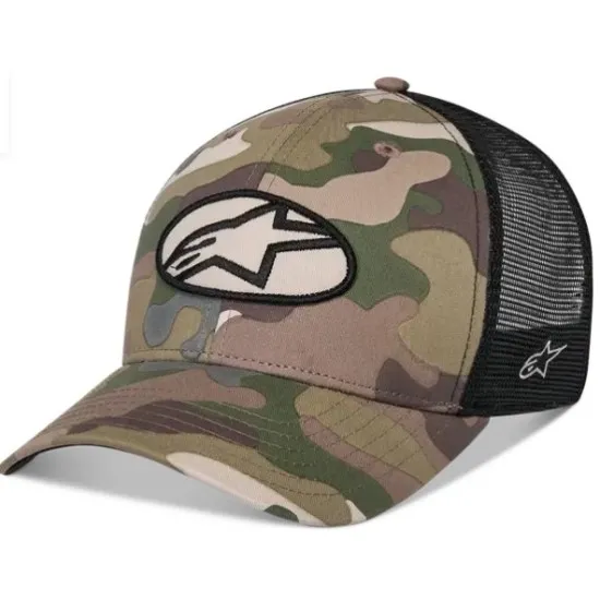 Alpinestars CRV Bill Truck шапка с военен камуфлажен принт, черна мрежа отзад и бяло-черна овална бродерия с лого на Astars