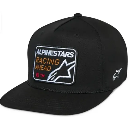 Черна Alpinestars snapback шапка с бродирана нашивка Racing Ahead в оранжево и бяло лого на Astars върху козирката