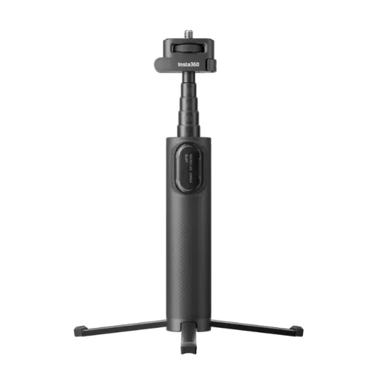 Черен сгъваем селфи стик Insta360 с три разгънати крачета статив и метална 1/4