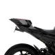 Черна стоманена стойка за номер R&G Racing, монтирана на Yamaha YZF-R9, с компактна триъгълна форма и вградена светлина за