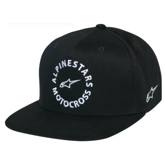 Черна snapback шапка Alpinestars с бяла бродерия Motocross в кръг и звезда отстрани, плоска козирка