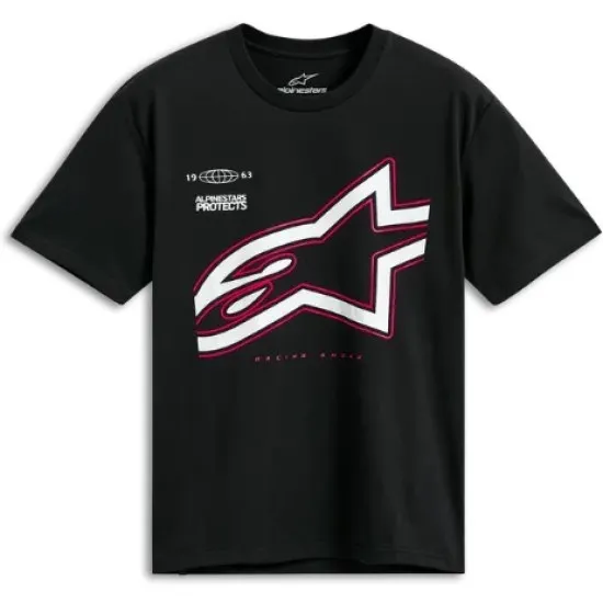 Черна тениска Alpinestars Authority с голямо бяло и малиново лого Astar, надпис 1963 Alpinestars Protects и Racing Ahead
