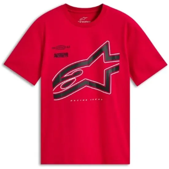 Червена тениска Alpinestars CSF Authority с едро черно-бяло лого Astars и надпис Racing Ahead на гърдите