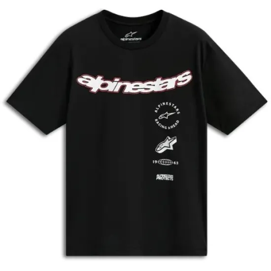 Черна овърсайз тениска Alpinestars с многоцветно лого на гърдите и CSF графики включително силует на мото ботуш и надпис