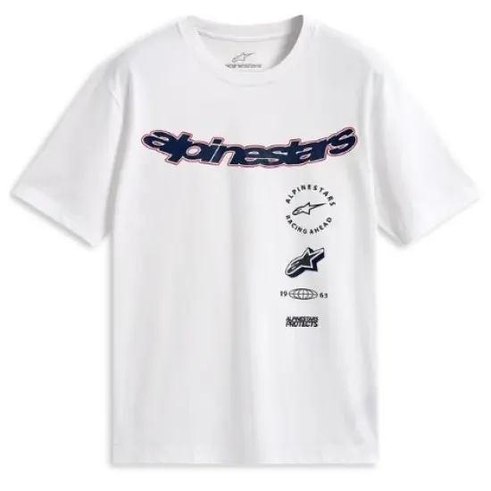 Бяла овърсайз тениска Alpinestars с тъмносиньо и розово лого и Heritage графики на гърдите