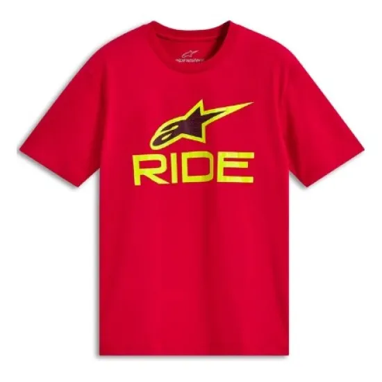 Червена тениска Alpinestars с голямо hi-vis жълто лого и надпис RIDE в черно отпред, овърсайз кройка