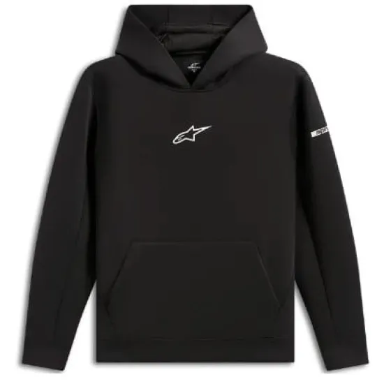 Черен мото суитшърт Alpinestars с качулка, централен джоб кенгуру и бяло лого върху гърдите
