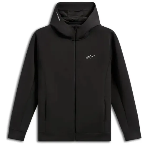Черен мото суитшърт Alpinestars с качулка, пълен цип отпред и бяло лого на гърдите
