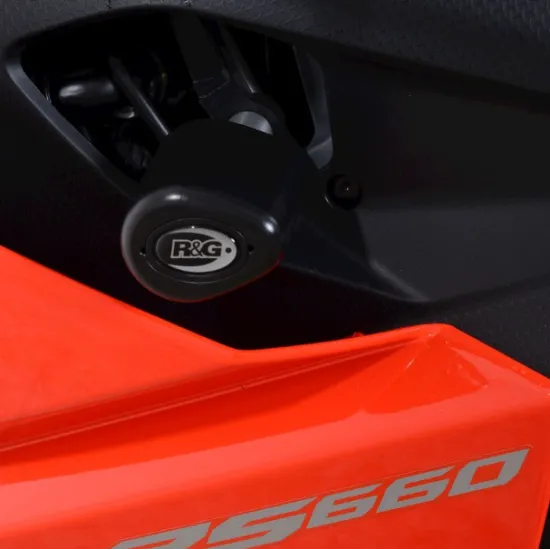 Черни краш тапи R&G Racing с капковидни Aero Bobbins, монтирани на червен мотоциклет Aprilia RS660, с видима подвижна капачка и R&G лого