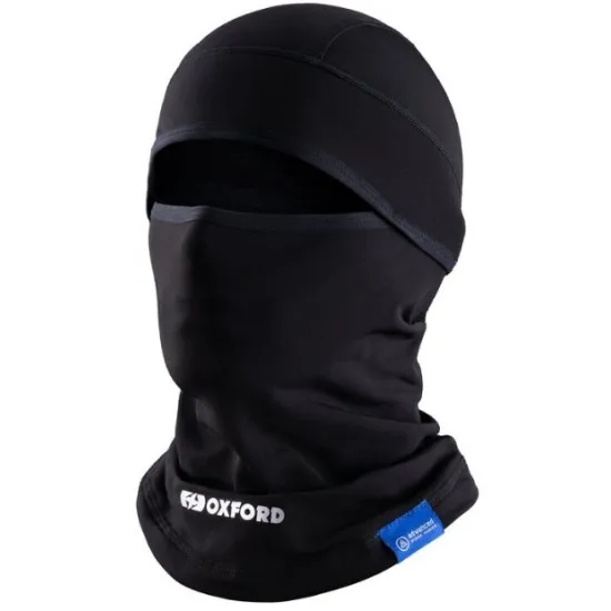 Черна балаклава Oxford Advanced Warmdry с лого, показваща частично покритие на лицето и микрофлийсова вътрешна част