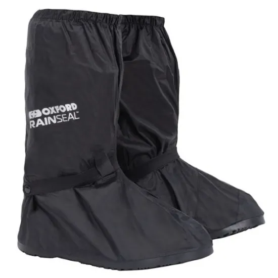 Черен водоустойчив дъждобран OXFORD Rainseal с бяло лого, еластични ластици и капки вода по повърхността