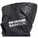 Черен водоустойчив дъждобран OXFORD Rainseal с бяло лого, еластични ластици и капки вода по повърхността