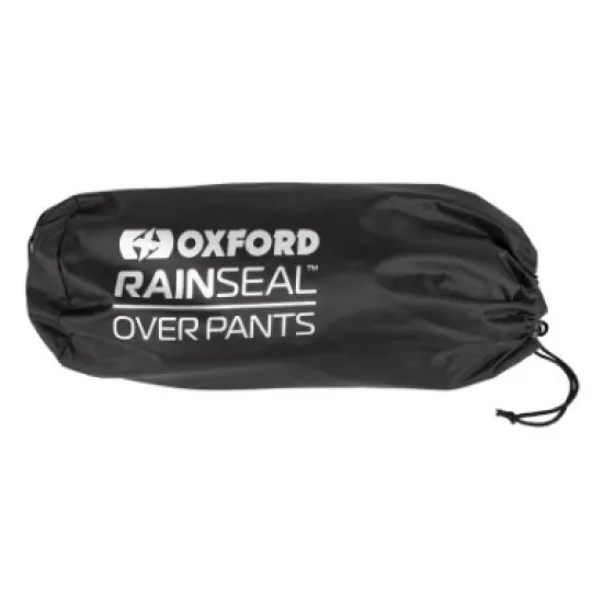 Черен дъждобран панталон OXFORD Rainseal с бяло лого и компактна черна чанта за съхранение с лого OXFORD