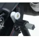 Черни адаптери R&G Racing Stand Bobbins с бяло лого, монтирани на задния шарнир на мотоциклет BMW/Triumph с офсетна пластина
