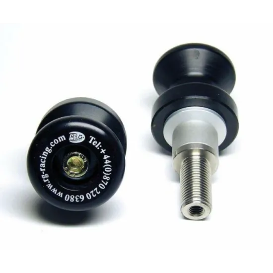 Черни адаптери R&G Racing Stand bobbins M8 с метална резба, бяла тефлонова втулка и гравирано лого на черната повърхност