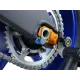 Сини анодизирани алуминиеви адаптери R&G Racing с хексагонален ключ за монтаж, монтирани на синя рама на мотоциклет KAWASAKI до спирачния диск