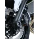 Черни краш тапи R&G Racing монтирани на оста на предно колело на Kawasaki мотоциклет с перфорирани спирачни дискове и черни джанти