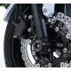 Черни краш тапи R&G Racing монтирани на оста на предно колело на Kawasaki мотоциклет с перфорирани спирачни дискове и черни джанти