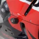 Черни краш тапи R&G Racing с капковидна форма монтирани на червен Honda CBR 600RR, показващи аеродинамичния дизайн и скритите метални фитинги