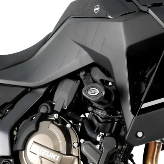 Черни R&G Racing Aero краш тапи монтирани на сив Suzuki V-Strom 800 с капковидна форма и подвижна капачка