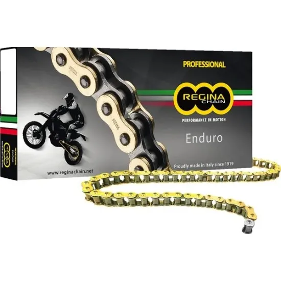 Златиста мото верига Regina Chain 520ZSE в кутия с лого и снимка на мотоциклет, със заключваща скоба и пластина