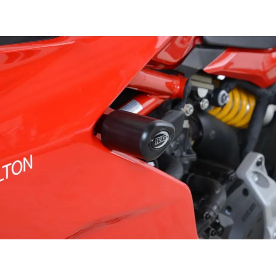 Черни краш тапи R&G Racing Aero с аеродинамична сълзовидна форма, монтирани на червен Ducati Supersport без пробиване на обтекателя