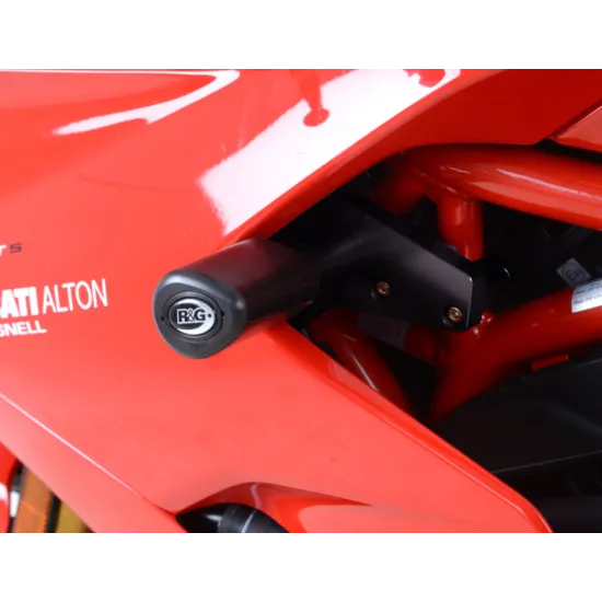 Черни краш тапи R&G Racing Aero с аеродинамична сълзовидна форма, монтирани на червен Ducati Supersport без пробиване на обтекателя