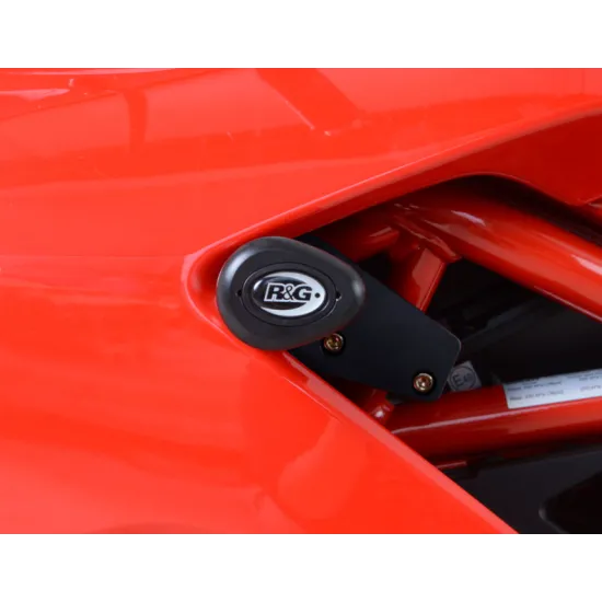 Черни краш тапи R&G Racing Aero с аеродинамична сълзовидна форма, монтирани на червен Ducati Supersport без пробиване на обтекателя