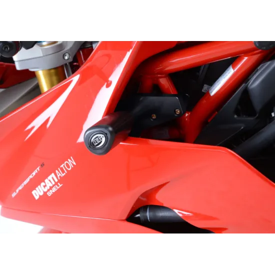 Черни краш тапи R&G Racing Aero с аеродинамична сълзовидна форма, монтирани на червен Ducati Supersport без пробиване на обтекателя