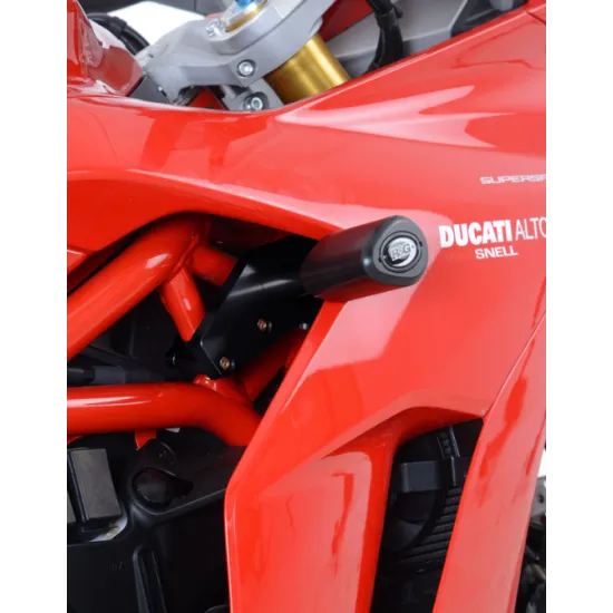 Черни краш тапи R&G Racing Aero с аеродинамична сълзовидна форма, монтирани на червен Ducati Supersport без пробиване на обтекателя