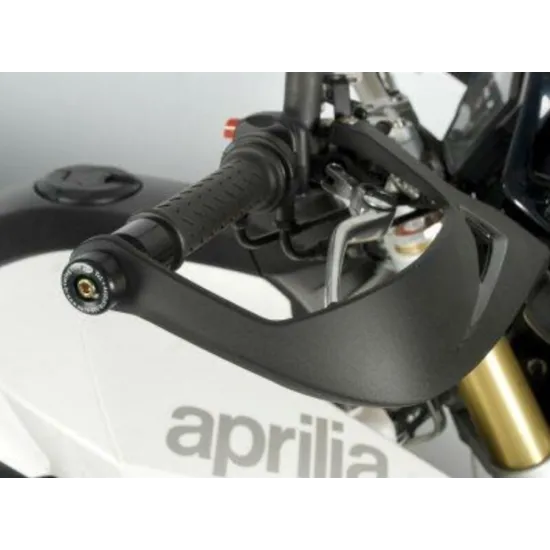 Черни балансьори R&G Racing монтирани на бял мотоциклет Aprilia със златисти амортисьори и черно кормило