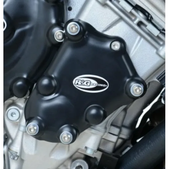 Черни протектори R&G Racing монтирани на двигател BMW S1000RR покриващи алтернатор, генератор и водна помпа с характерни овални лога
