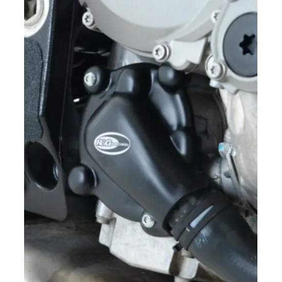 Черни протектори R&G Racing монтирани на двигател BMW S1000RR покриващи алтернатор, генератор и водна помпа с характерни овални лога
