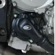 Черни протектори R&G Racing монтирани на двигател BMW S1000RR покриващи алтернатор, генератор и водна помпа с характерни овални лога