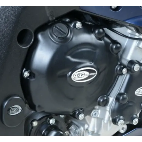 Черни протектори R&G Racing монтирани на двигател BMW S1000RR покриващи алтернатор, генератор и водна помпа с характерни овални лога