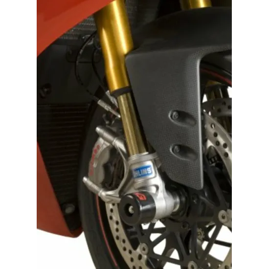Черни краш тапи R&G Racing монтирани на златисти Öhlins вилки на червен Ducati Panigale V4 със сребристи Brembo спирачни апарати
