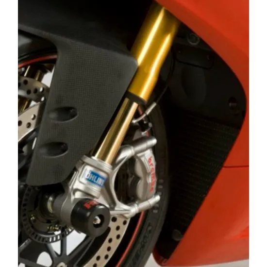 Черни краш тапи R&G Racing монтирани на златисти Öhlins вилки на червен Ducati Panigale V4 със сребристи Brembo спирачни апарати