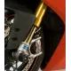 Черни краш тапи R&G Racing монтирани на златисти Öhlins вилки на червен Ducati Panigale V4 със сребристи Brembo спирачни апарати