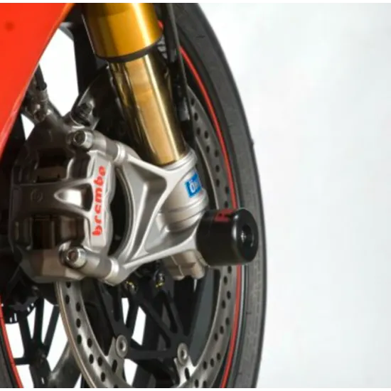 Черни краш тапи R&G Racing монтирани на златисти Öhlins вилки на червен Ducati Panigale V4 със сребристи Brembo спирачни апарати