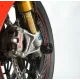 Черни краш тапи R&G Racing монтирани на златисти Öhlins вилки на червен Ducati Panigale V4 със сребристи Brembo спирачни апарати