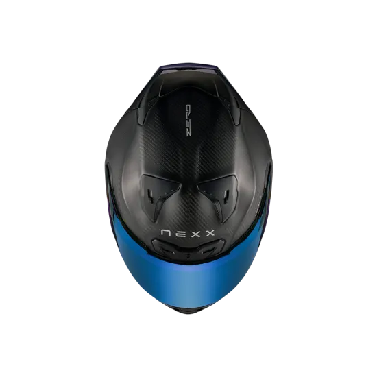 Спортна мото каска NEXX X.R3R в синьо-черна карбонова комбинация с матово покритие, син иридиев визьор и интегриран аеродинамичен спойлер