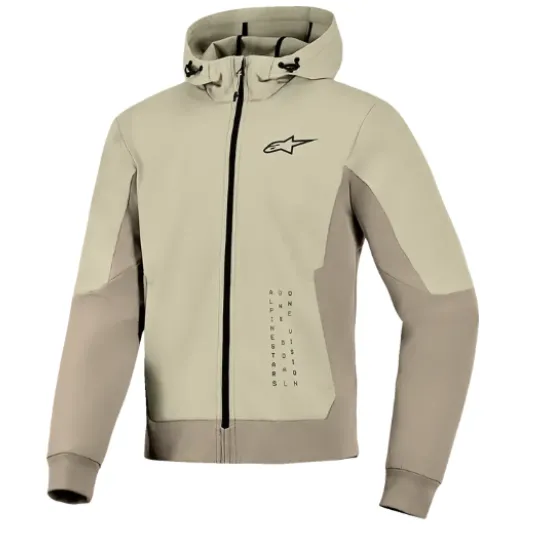 Мото суитшърт Alpinestars Radium Tech Hoodie в светлозелен и сив цвят с качулка, черно лого Alpinestars, пълна качествена ципова връзка и еластични маншети