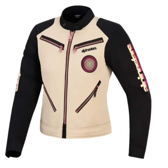 Дамско мото яке Alpinestars Stella Grace в алуминиево сиво и черно с розови ципове, кръгла емблема на гърдите, множество джобове и workwear дизайн
